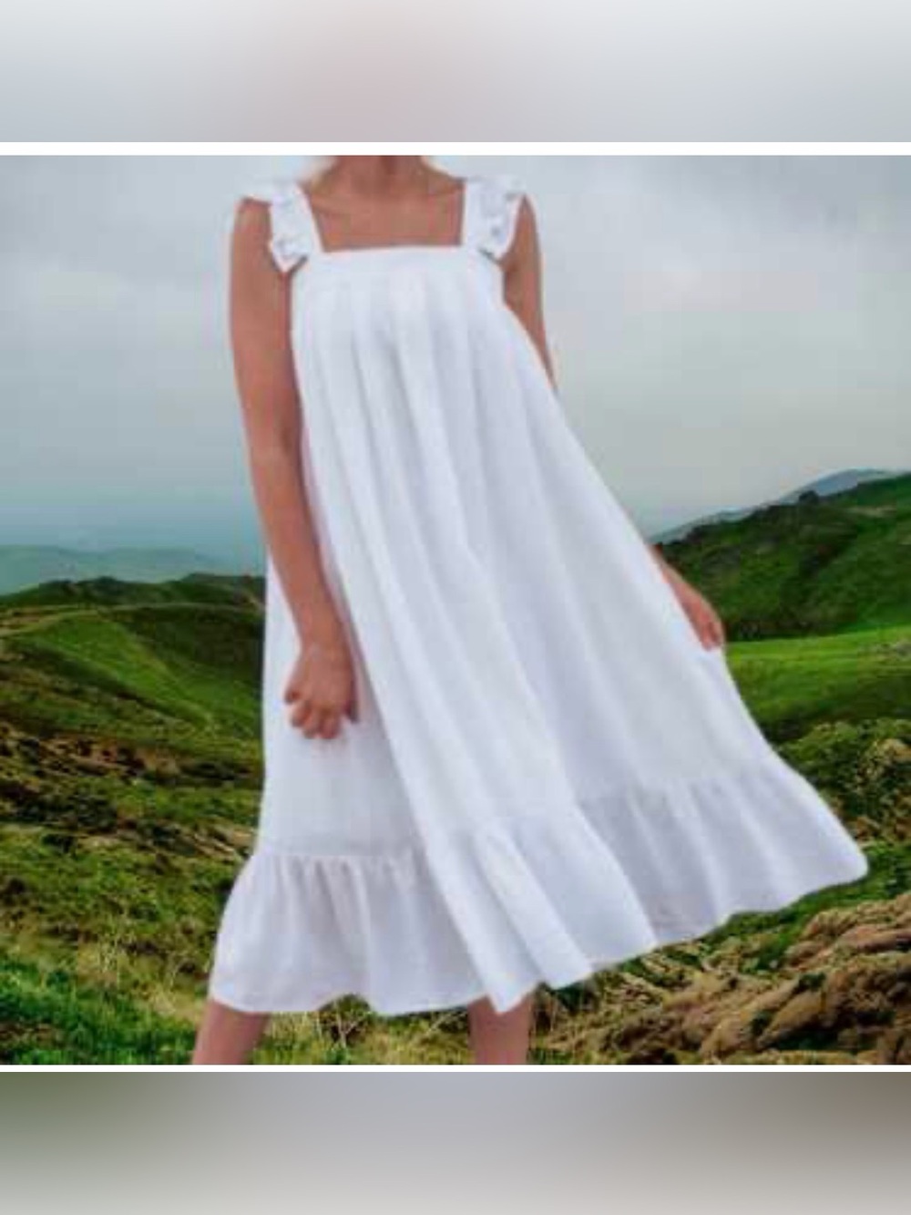 White Ruffled Strap Dress with Button Detail